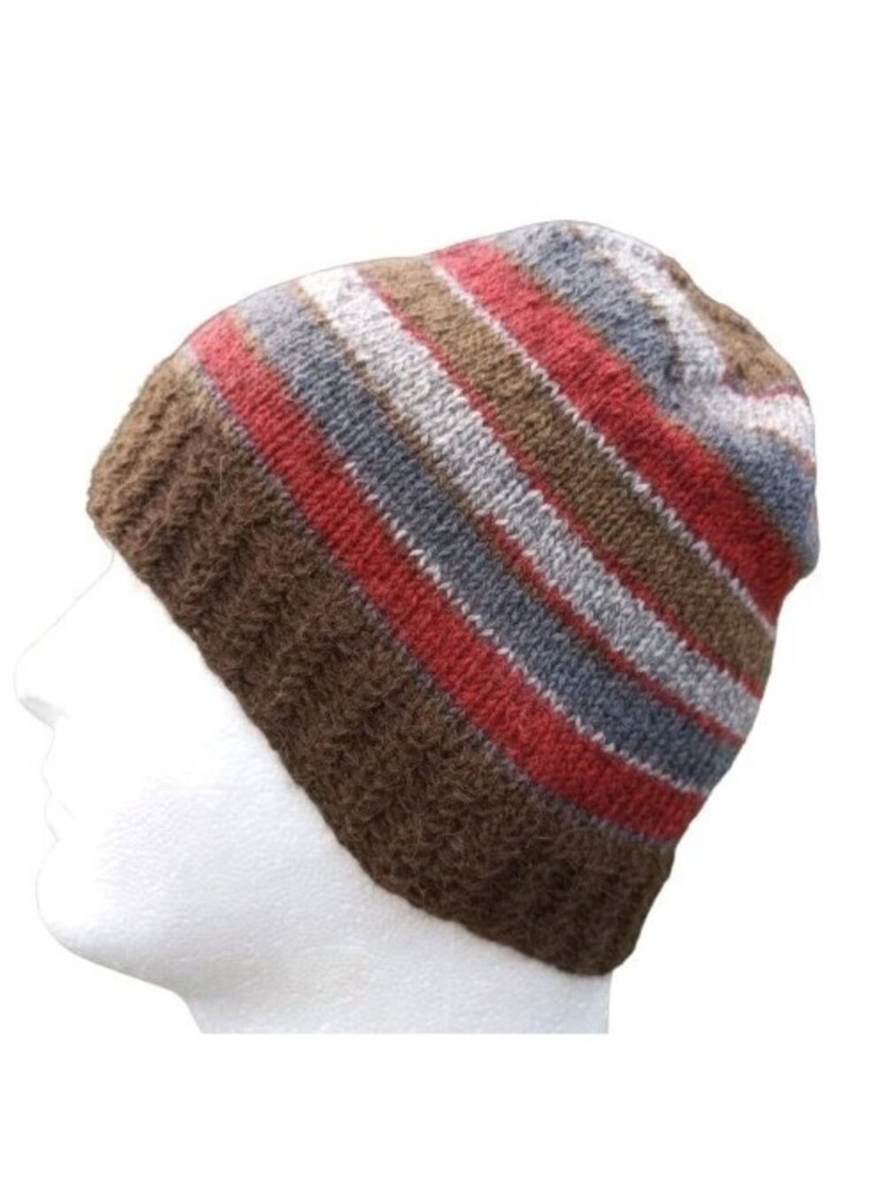 Men's Alpaca Wool Beanie Skully Hand Knit Hat Thin Faux Fair Isle Brown Gray Red